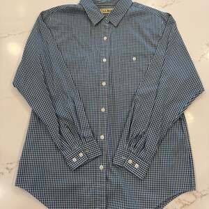 L.L. Bean Women’s Blue Gingham Button-Down Shirt Size 14 Long Sleeve Cotton Blen